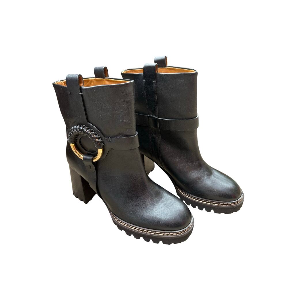 See by Chloé Hana Leather Harness Ankle Boots Black Lug Sole EU38/US8 NWOB